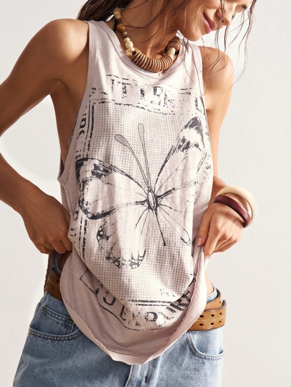 Cotton Light Pink Boho Long Tank Top Loose Fit Butterfly Print